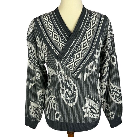 Hoopla Vintage 80's Gray Paisley V-Neck Pullover Knit Sweater Women’s Small - Picture 1 of 10